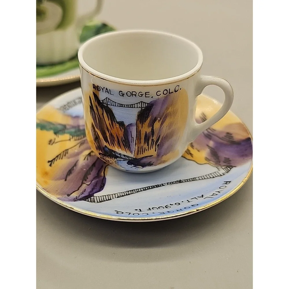 Miniature Mini Tea Cup Saucer Lot Of 3 Souvenir Oklahoma Colorado Smoky Mountain